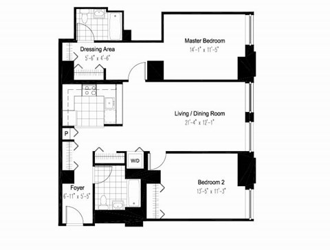 Floor plan for 2 beds, 2 baths, 1035 sqft